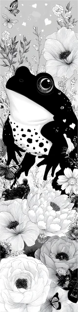 Free printable frog bookmark to color featuring an adorable black frog with a white belly